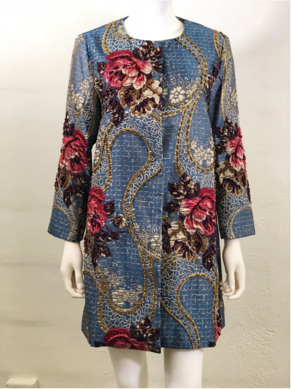 Women Kimono Coat JOY Couture Blue Floral Jacquard size S